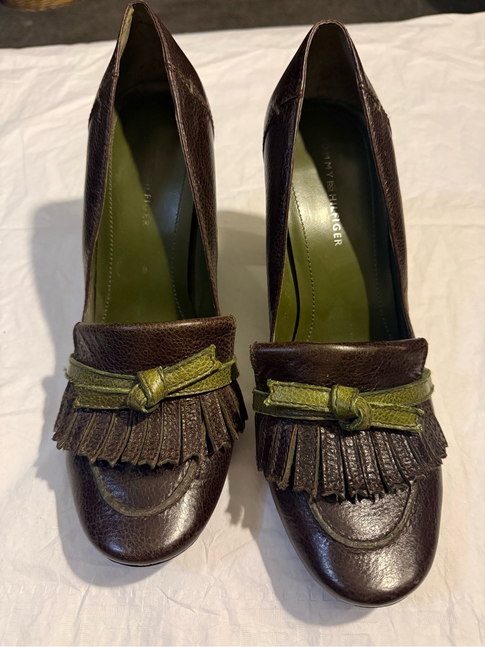 Tommy Hilfiger Brown Leather Fringe Heels with Olive Accent